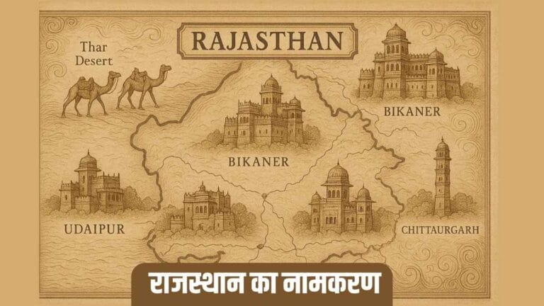 Vintage-style illustrated map of Rajasthan with forts, palaces, camels in the Thar Desert, and the Hindi text “राजस्थान का नामकरण” overlaid