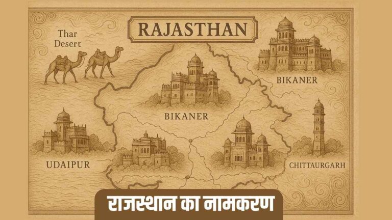 Vintage-style illustrated map of Rajasthan with forts, palaces, camels in the Thar Desert, and the Hindi text “राजस्थान का नामकरण” overlaid