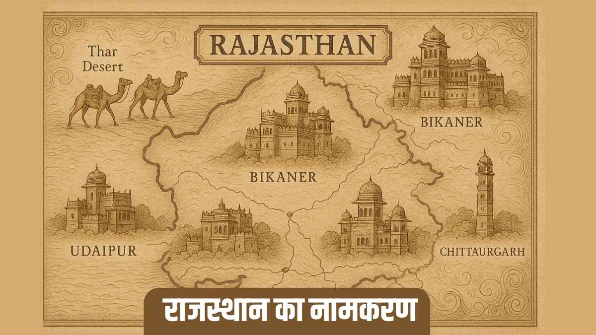 Vintage-style illustrated map of Rajasthan with forts, palaces, camels in the Thar Desert, and the Hindi text “राजस्थान का नामकरण” overlaid
